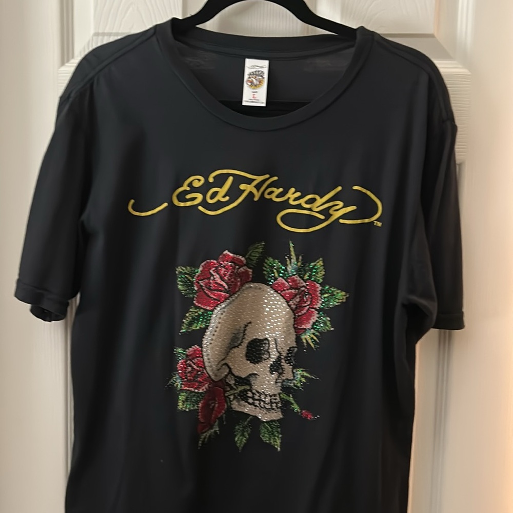 Ed Hardy Rhinestone Skull and Roses Short Sleeve Tee Sz Large